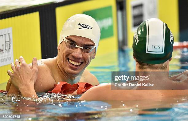 Justin James of Australia congratulates Daniel Tranter of Australia after the Men's 200 metre Individual Medley during day six of the 2016 Australian...