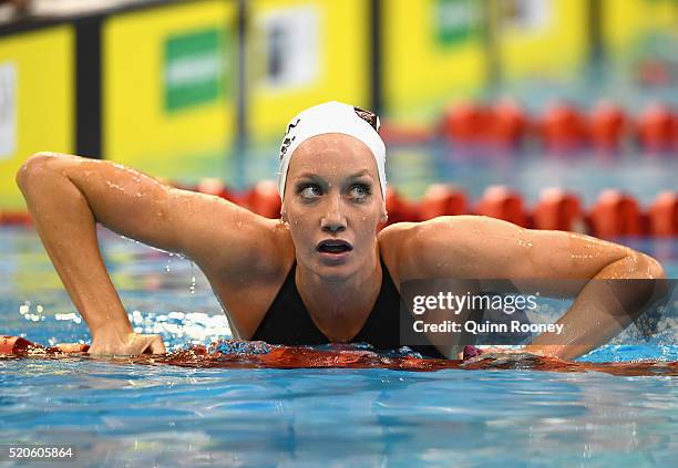 Madison Wilson of Australia comes out of the pool after competing in the Women's 200 Metre Backstroke during day six of the 2016 Australian Swimming...