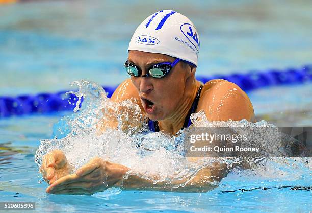 Sally Hunter of Australia competes in the Women's 200 Metre Breaststroke during day six of the 2016 Australian Swimming Championships at the South...