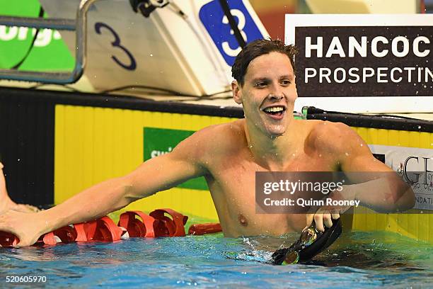 Mitch Larkin of Australia celebrates winning the Men's 200 Metre Backstroke during day six of the 2016 Australian Swimming Championships at the South...