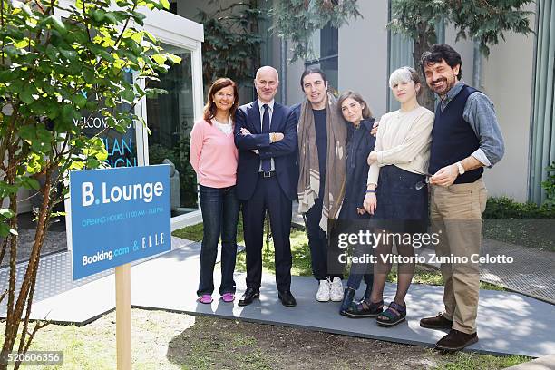 Danda Santini, Francesco Schitzler, Luca Lanzoni, Alma Pantaleo, Tea Barbagallo, Enrico Torboli pose at the Elle.it lounge during the Milan Design...