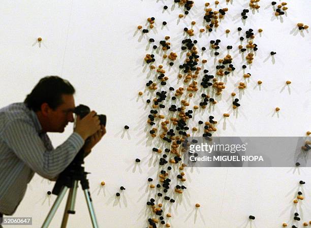 Photographer stands in front of the art work made with chess pieces "Motim III" by Brazilian artist Jose Damasceno, part of the contemporary art work...
