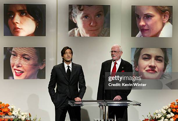Actor Adrien Brody and Academy of Motion Picture Arts and Sciences President Frank Pierson announce Best Actress Award at the 77th Academy Awards...