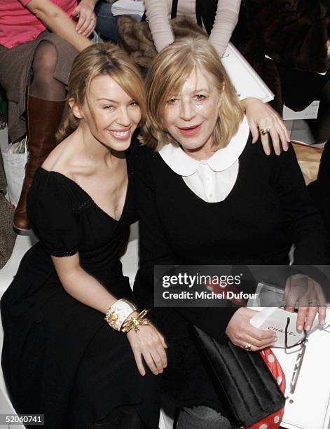Singer Kylie Minogue and musician Marianne Faithfull pose at the Chanel fashion show as part of Paris Fashion Week Spring/Summer 2005 on January 25,...