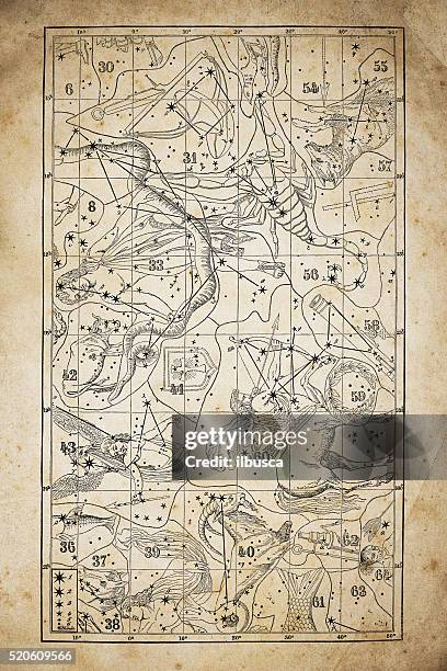 antique illustration on yellow aged paper: zodiac astrology constellations (series) - astrology sign stock illustrations stock illustrations