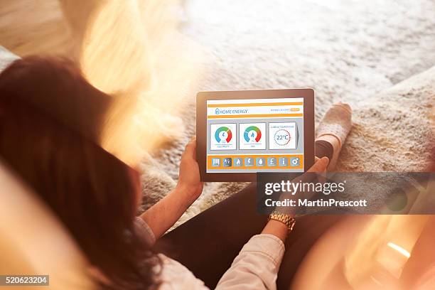 female home owner checking energy consumption - surveillance society stock pictures, royalty-free photos & images