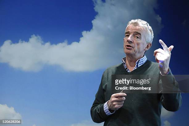 Michael O'Leary, chief executive officer of Ryanair Holdings Plc, gestures as he speaks during a news conference at the company's offices in Dublin,...