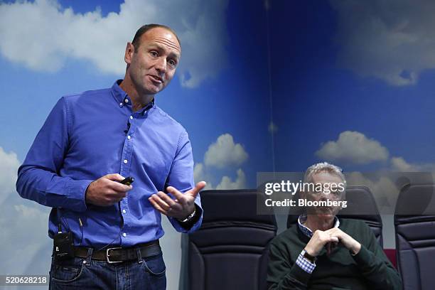 Kenny Jacobs, chief marketing officer of Ryanair Holdings Plc, left, speaks as Michael O'Leary, chief executive officer of Ryanair Holdings Plc,...