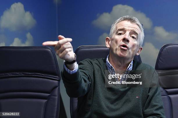 Michael O'Leary, chief executive officer of Ryanair Holdings Plc, gestures as he speaks during a news conference at the company's offices in Dublin,...