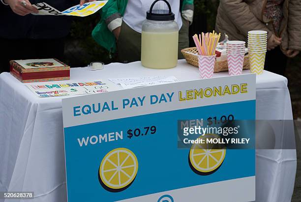 Democratic National Committee women host an Equal Pay Day event with a lemonade stand "where women pay 79 cents per cup and men pay $1 per cup, to...