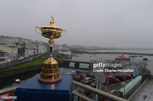 The Ryder Cup trophy overlooks Portrush harbour as part of the Ryder Cup Trophy Tour launch on April 12, 2016 in Portrush, Northern Ireland. The...