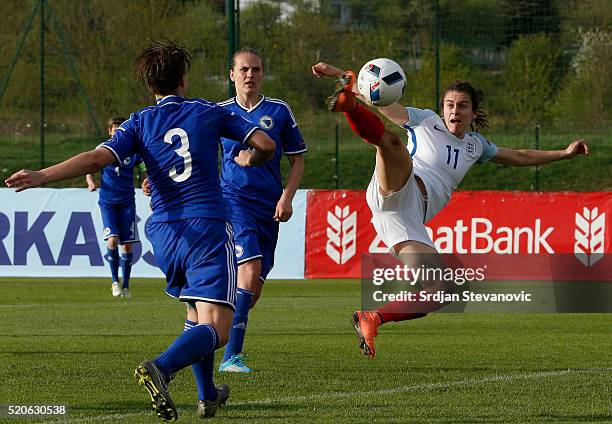 Karen Carney of England scores the opening goal during the UEFA Women's European Championship Qualifier match between Bosnia and Herzegovina and...