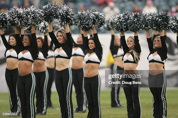 The Philadelpia Eagles cheerleaders perform during the game against the Dallas Cowboys at Lincoln Financial Field on December 19, 2004 in...