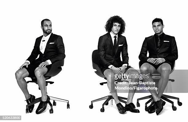 Soccer players Lucas Moura, David Luiz and Thiago Silva are photographed for Madame Figaro on February 24, 2016 in Paris, France. Moura: Jacket,...
