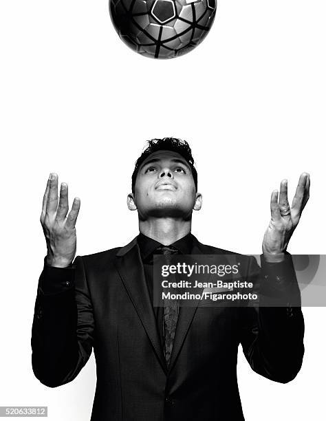 Soccer player Thiago Silva is photographed for Madame Figaro on February 24, 2016 in Paris, France. Jacket, shirt, tie and pocket square . Soccer...