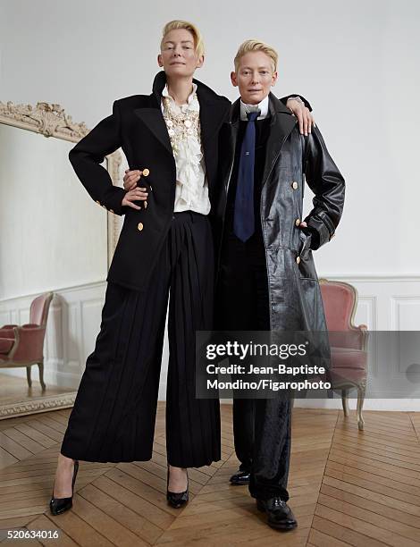 Actress Tilda Swinton is photographed for Madame Figaro on February 6, 2016 in Paris, France. Left: Coat , blouse , pants , necklace , shoes . Right:...