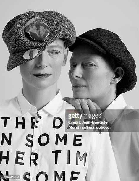 Actress Tilda Swinton is photographed for Madame Figaro on February 6, 2016 in Paris, France. Left: Shirt , cap , pins . Right: Shirt , cap ....