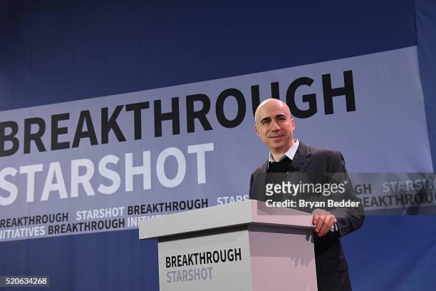 Yuri Milner and Stephen Hawking host press conference to announce Breakthrough Starshot, a new space exploration initiative, at One World Observatory...