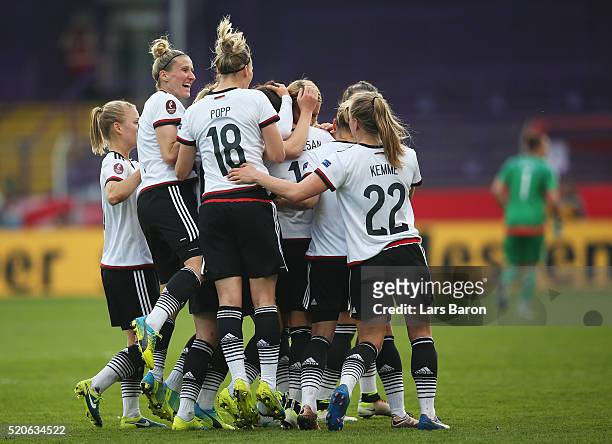 Dzsenifer Marozsan of Germany celebrates after scoring her teams first goal during the UEFA Women's Euro 2017 qualifier between Germany and Croatia...