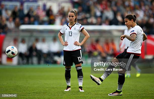 Dzsenifer Marozsan of Germany scores his teams first goal during the UEFA Women's Euro 2017 qualifier between Germany and Croatia at Osnatel Arena on...