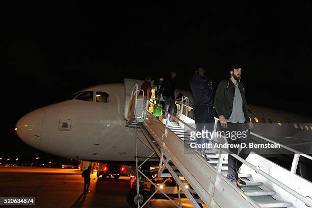 Ryan Kelly of the Los Angeles Lakers exits the plane and arrives in Houston, Texas from New Orleans, Louisiana on April 8, 2016. NOTE TO USER: User...