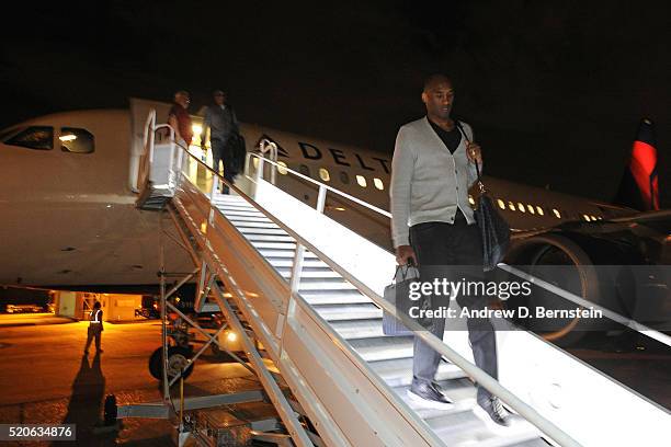 Kobe Bryant of the Los Angeles Lakers exits the plane and arrives in Houston, Texas from New Orleans, Louisiana on April 8, 2016. NOTE TO USER: User...