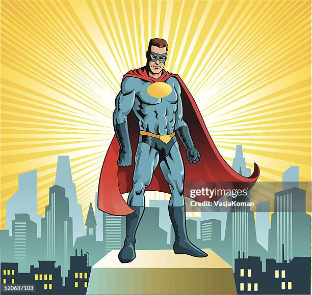ilustrações, clipart, desenhos animados e ícones de super-herói em pé antes do horizonte da cidade - capuz