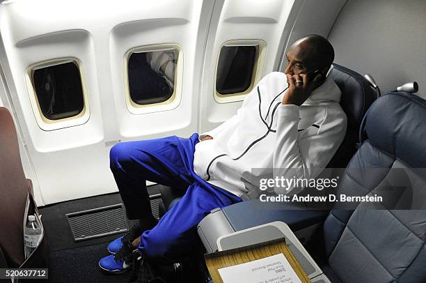 Kobe Bryant of the Los Angeles Lakers on the plane to travel back to Los Angeles, California from Oklahoma City, Oklahoma on April 11, 2016. NOTE TO...