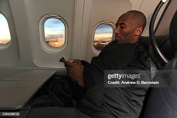 Kobe Bryant of the Los Angeles Lakers on the plane to travel to New Orleans, Louisiana from Inglewood, California on April 7, 2016. NOTE TO USER:...