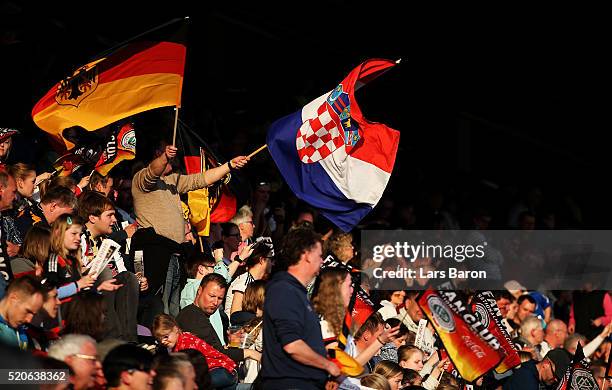 Fans are seen during the UEFA Women's Euro 2017 qualifier between Germany and Croatia at Osnatel Arena on April 12, 2016 in Osnabrueck, Germany.