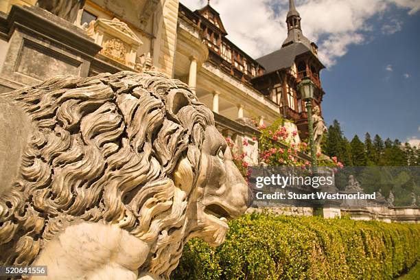 lion statue outside peles castle - sinaia stock pictures, royalty-free photos & images