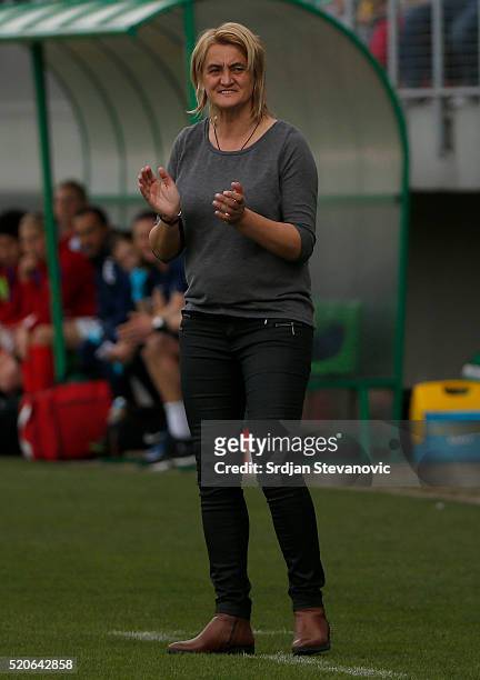 Head coach Samira Huren of Bosnia reacts during the UEFA Women's European Championship Qualifier match between Bosnia and Herzegovina and England at...