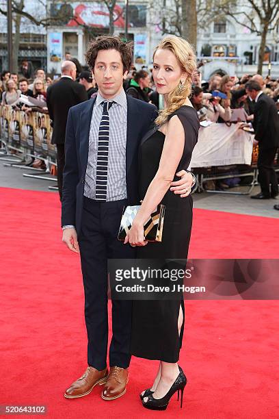 Simon Helberg and Jocelyn Towne arrive for the UK film premiere of "Florence Foster Jenkins" at Odeon Leicester Square on April 12, 2016 in London,...