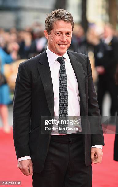 Hugh Grant arrives for the UK film premiere of "Florence Foster Jenkins" at Odeon Leicester Square on April 12, 2016 in London, England.