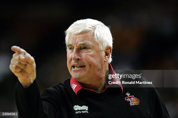 Head coach Bob Knight of the Texas Tech Red Raiders yells during a game against the Texas Longhorns on January 25, 2005 at the Frank Erwin Center in...