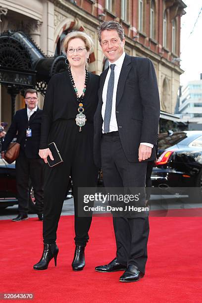 Meryl Streep and Hugh Grant arrive for the UK film premiere of "Florence Foster Jenkins" at Odeon Leicester Square on April 12, 2016 in London,...