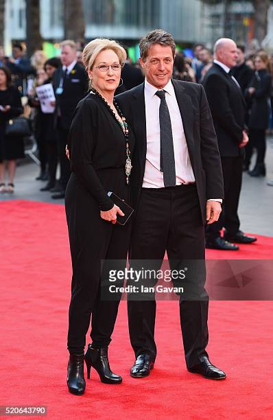 Meryl Streep and Hugh Grant arrive for the UK film premiere of "Florence Foster Jenkins" at Odeon Leicester Square on April 12, 2016 in London,...