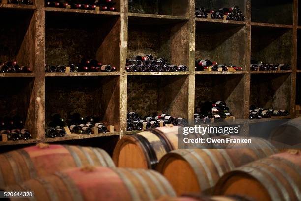 wine casks and bottles in cellars of philippe pacalet-beaune-burgundy - beaune france stock pictures, royalty-free photos & images