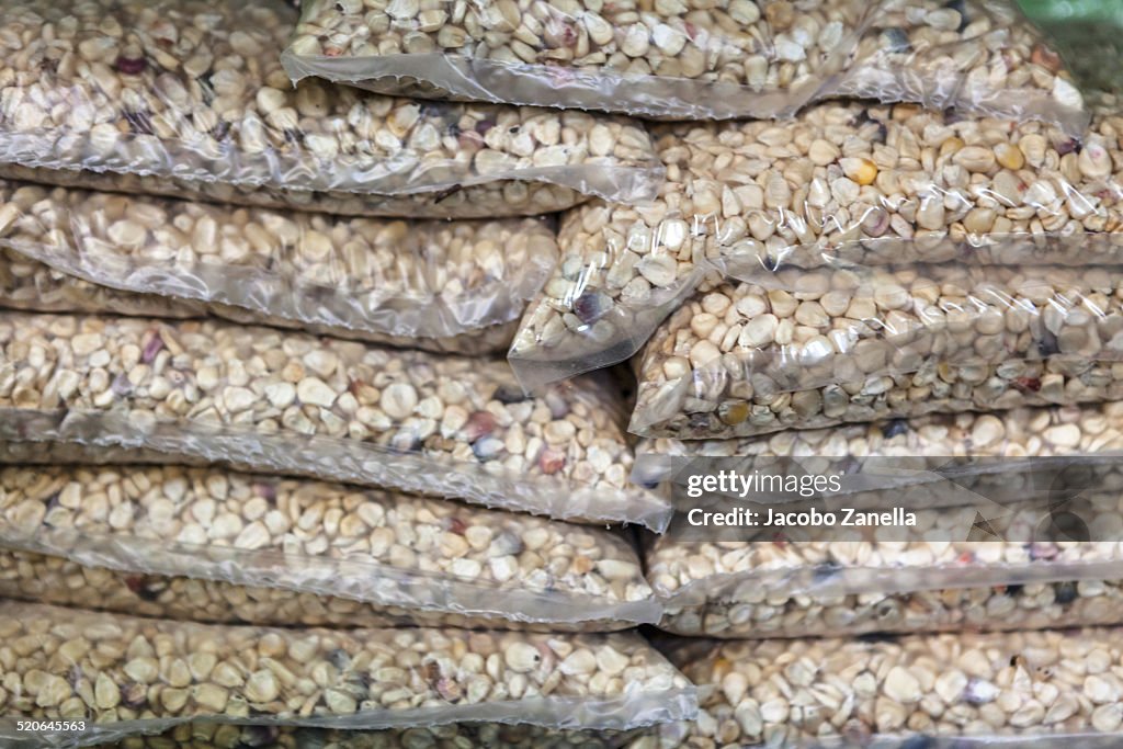 Organic corn seeds in plastic bags