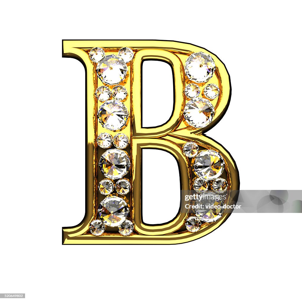 B letras doradas aisladas con diamantes sobre blanco