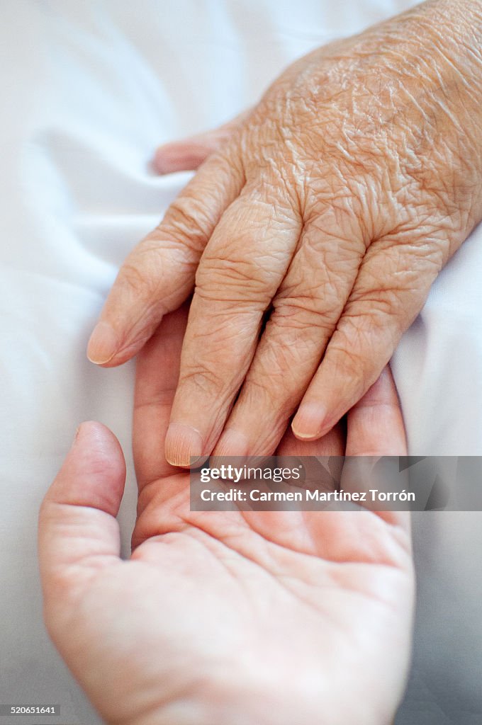 A young hand touches an old wrinkled hand