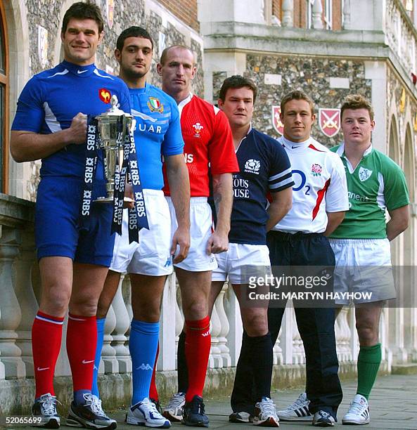 The six captain's from the countries taking part in the RBS 6 Nations Rugby Championship pose at a photocall in London 26 January 2005. Left to right...