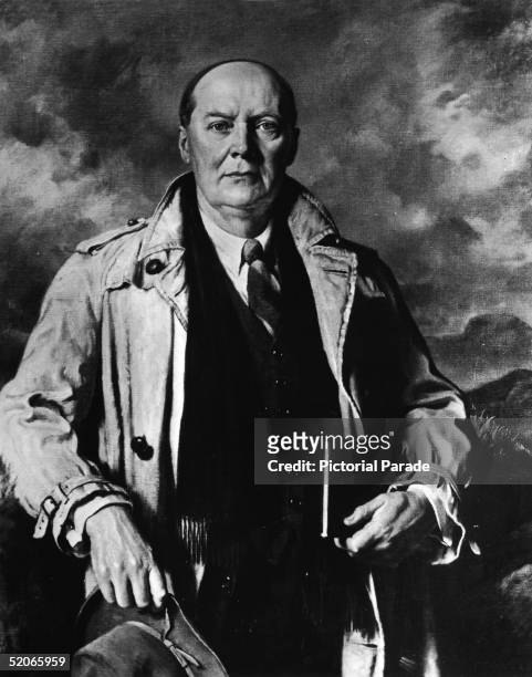Photo shows a painted portrait of Canadian poet Edwin John Pratt as he wears a trenchcoat and holds a hat and book before a wilderness backdrop, mid...