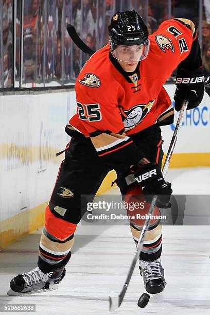 Mike Santorelli of the Anaheim Ducks skates with the puck during the game against the Dallas Stars on April 3, 2016 at Honda Center in Anaheim,...