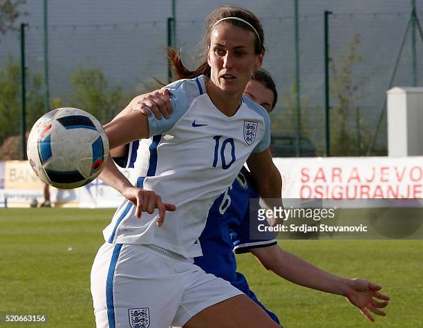 Jill Scott of England in action against Marija Aleksic of Bosnia during the UEFA Women's European Championship Qualifier match between Bosnia and...