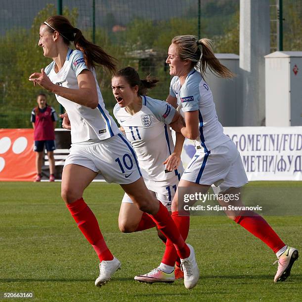 Karen Carney celebrate scoring a goal with Gemma Davison and Jill Scott of England in action during the UEFA Women's European Championship Qualifier...