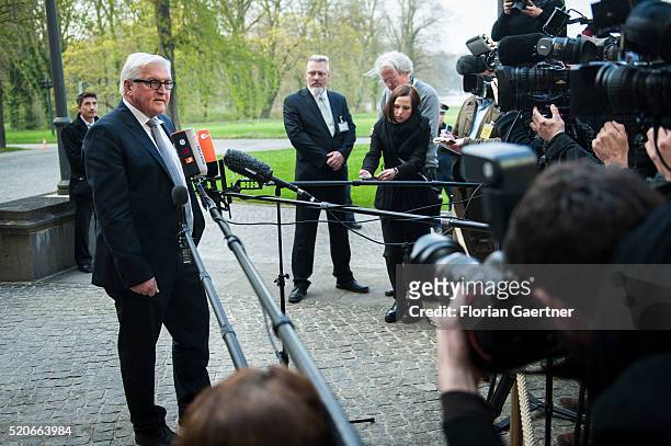 German Foreign Minister Frank-Walter Steinmeierspeaks to the media before the meeting of OSCE Troika on April 12, 2016 in Berlin, Germany.