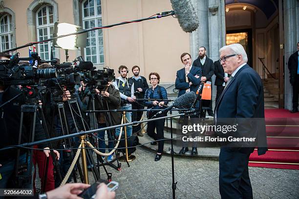 German Foreign Minister Frank-Walter Steinmeierspeaks to the media before the meeting of OSCE Troika on April 12, 2016 in Berlin, Germany.