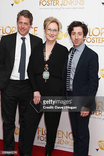 Hugh Grant, Meryl Streep and Simon Helberg arrive for the UK film premiere of "Florence Foster Jenkins" at Odeon Leicester Square on April 12, 2016...