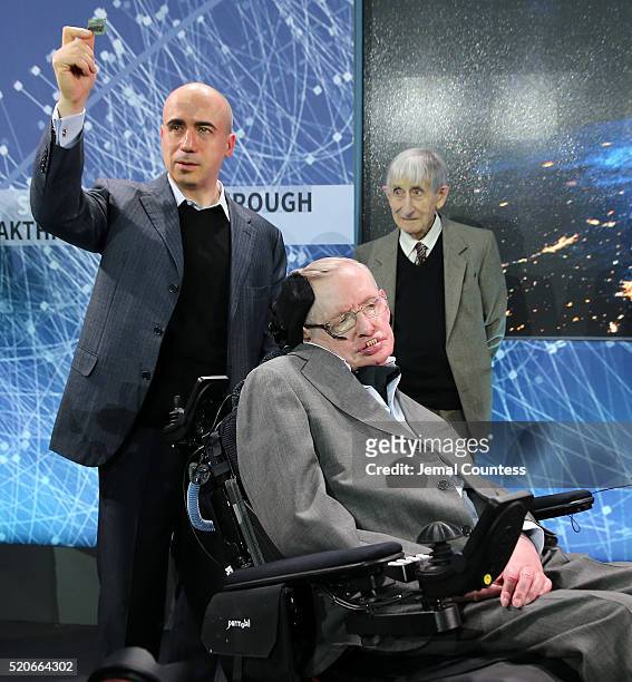 Scientist and investor Yuri Milner holds up a prototype of the "Star Chip", a small robotic space craft that will enable intersteller space travel as...